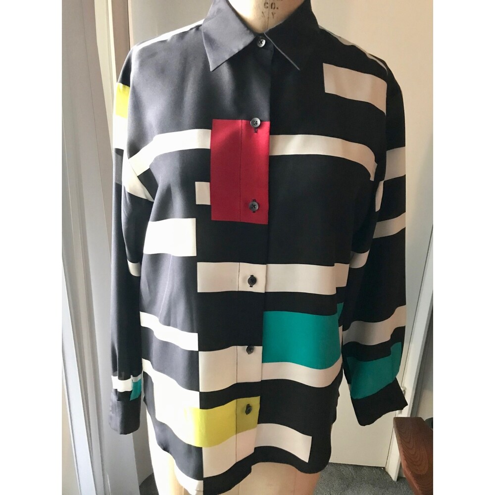 VTG Ellen Tracy Color Block 100% Silk Button Down Shirt Size 8P Slight Oversized